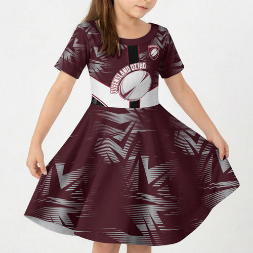 Personalized Queensland Oztag Kid Short Sleeve Dress Abstract Geometric Pattern Sports