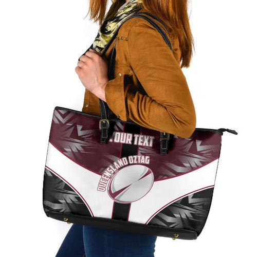 Personalized Queensland Oztag Leather Tote Bag Abstract Geometric Pattern Sports