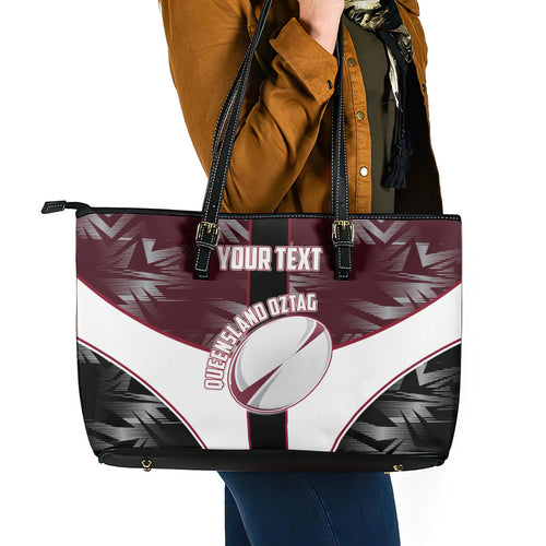 Personalized Queensland Oztag Leather Tote Bag Abstract Geometric Pattern Sports