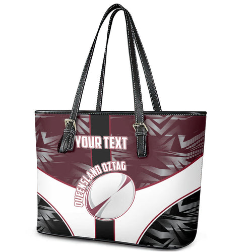Personalized Queensland Oztag Leather Tote Bag Abstract Geometric Pattern Sports