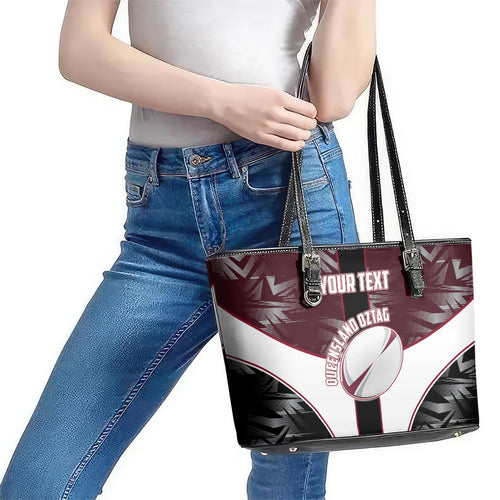 Personalized Queensland Oztag Leather Tote Bag Abstract Geometric Pattern Sports