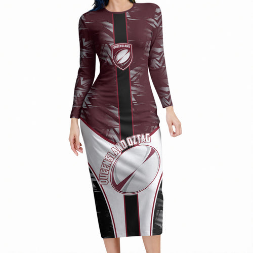 Personalized Queensland Oztag Long Sleeve Bodycon Dress Abstract Geometric Pattern Sports