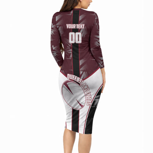 Personalized Queensland Oztag Long Sleeve Bodycon Dress Abstract Geometric Pattern Sports