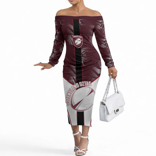 Personalized Queensland Oztag Off The Shoulder Long Sleeve Dress Abstract Geometric Pattern Sports
