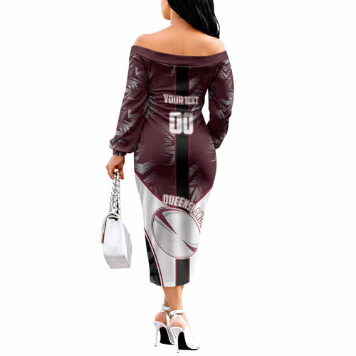 Personalized Queensland Oztag Off The Shoulder Long Sleeve Dress Abstract Geometric Pattern Sports