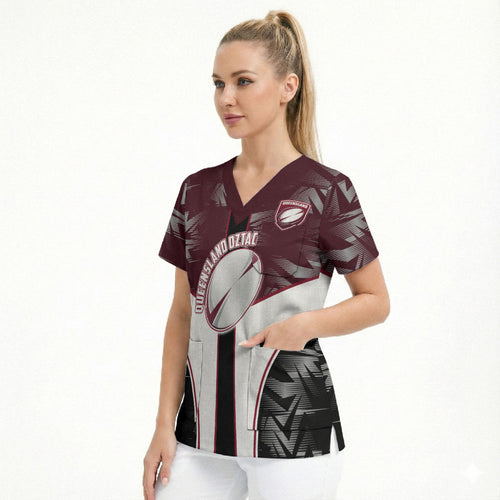 Personalized Queensland Oztag Scrub Top Abstract Geometric Pattern Sports