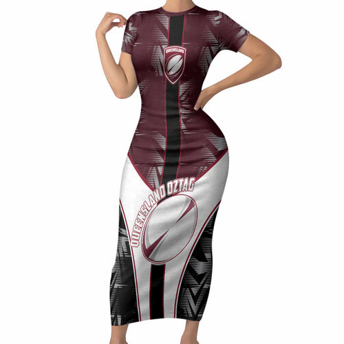 Personalized Queensland Oztag Short Sleeve Bodycon Dress Abstract Geometric Pattern Sports