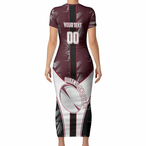 Personalized Queensland Oztag Short Sleeve Bodycon Dress Abstract Geometric Pattern Sports