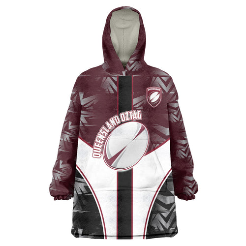Personalized Queensland Oztag Wearable Blanket Hoodie Abstract Geometric Pattern Sports