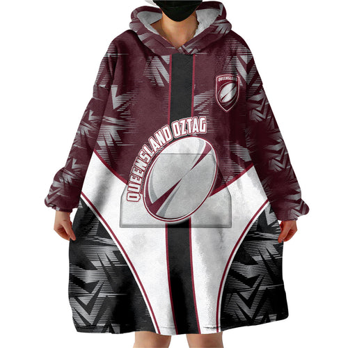 Personalized Queensland Oztag Wearable Blanket Hoodie Abstract Geometric Pattern Sports
