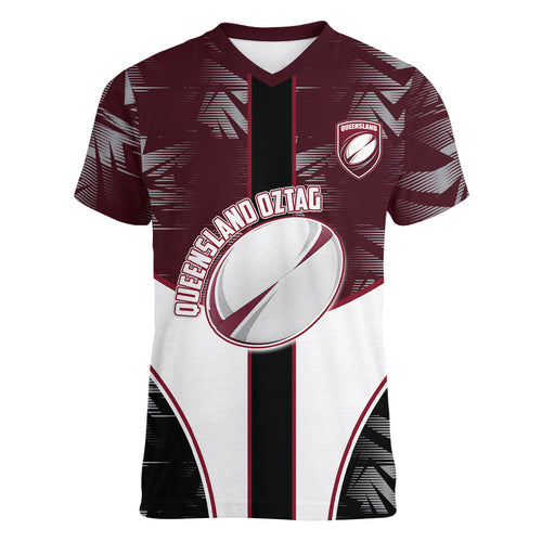 Personalized Queensland Oztag Women V-Neck T-Shirt Abstract Geometric Pattern Sports