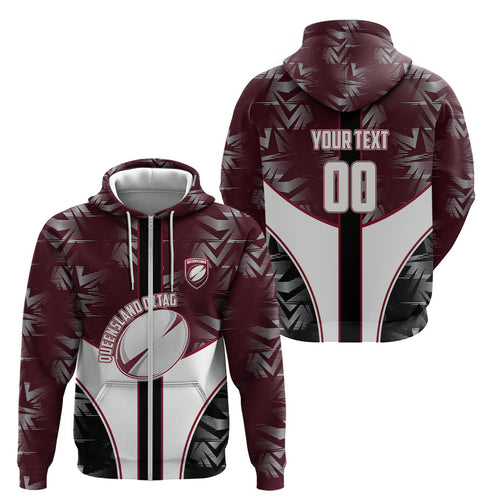 Personalized Queensland Oztag Zip Hoodie Abstract Geometric Pattern Sports