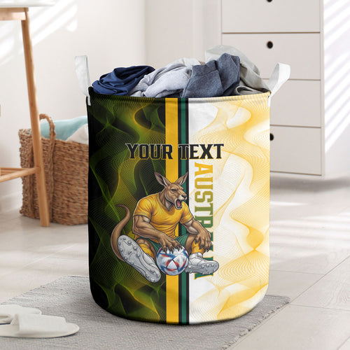 Personalized Australia Soccer Kangaroo Laundry Basket World Football Mascot Green Gold Abstract Wave