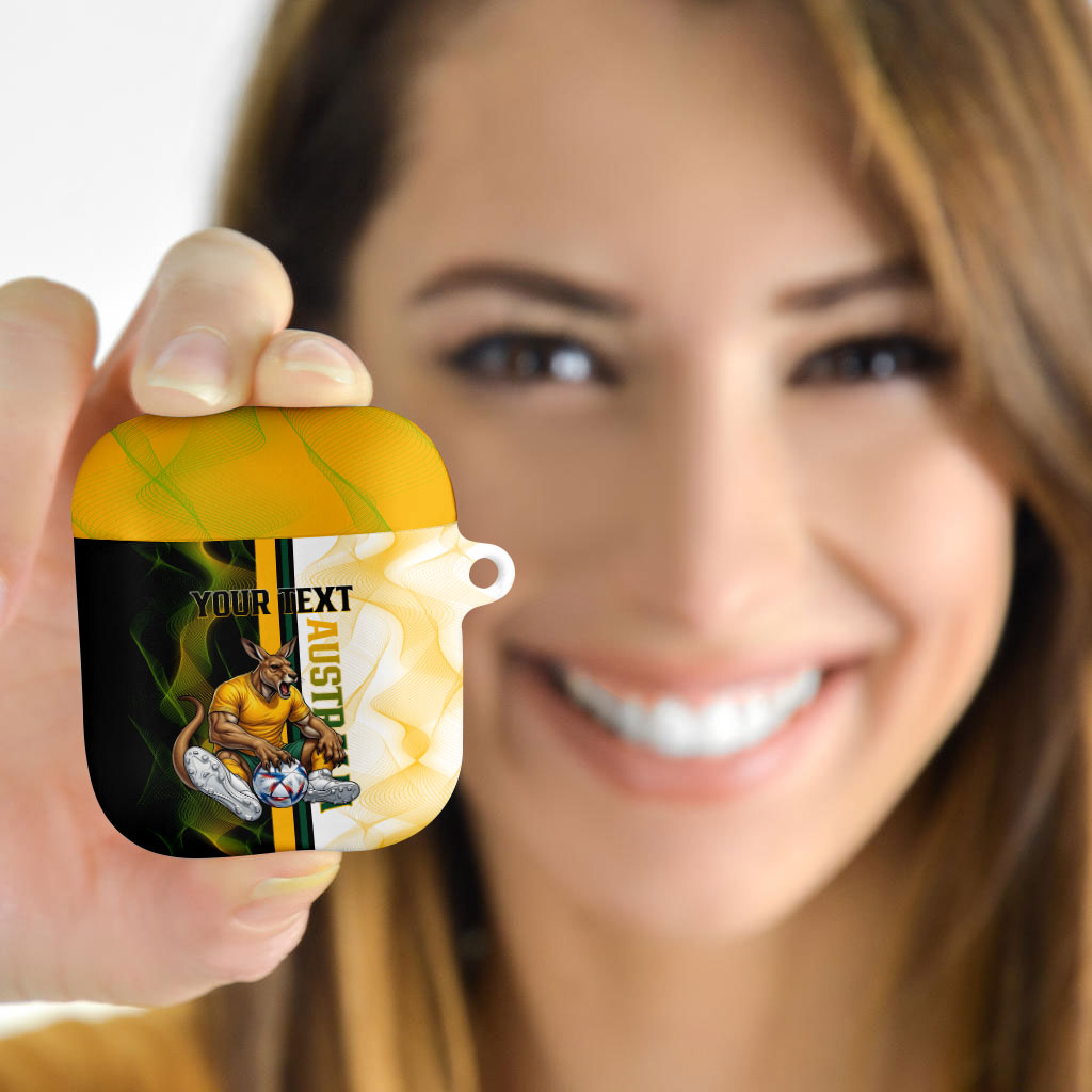 Personalized Australia Soccer Kangaroo AirPods Case World Football Mascot Green Gold Abstract Wave