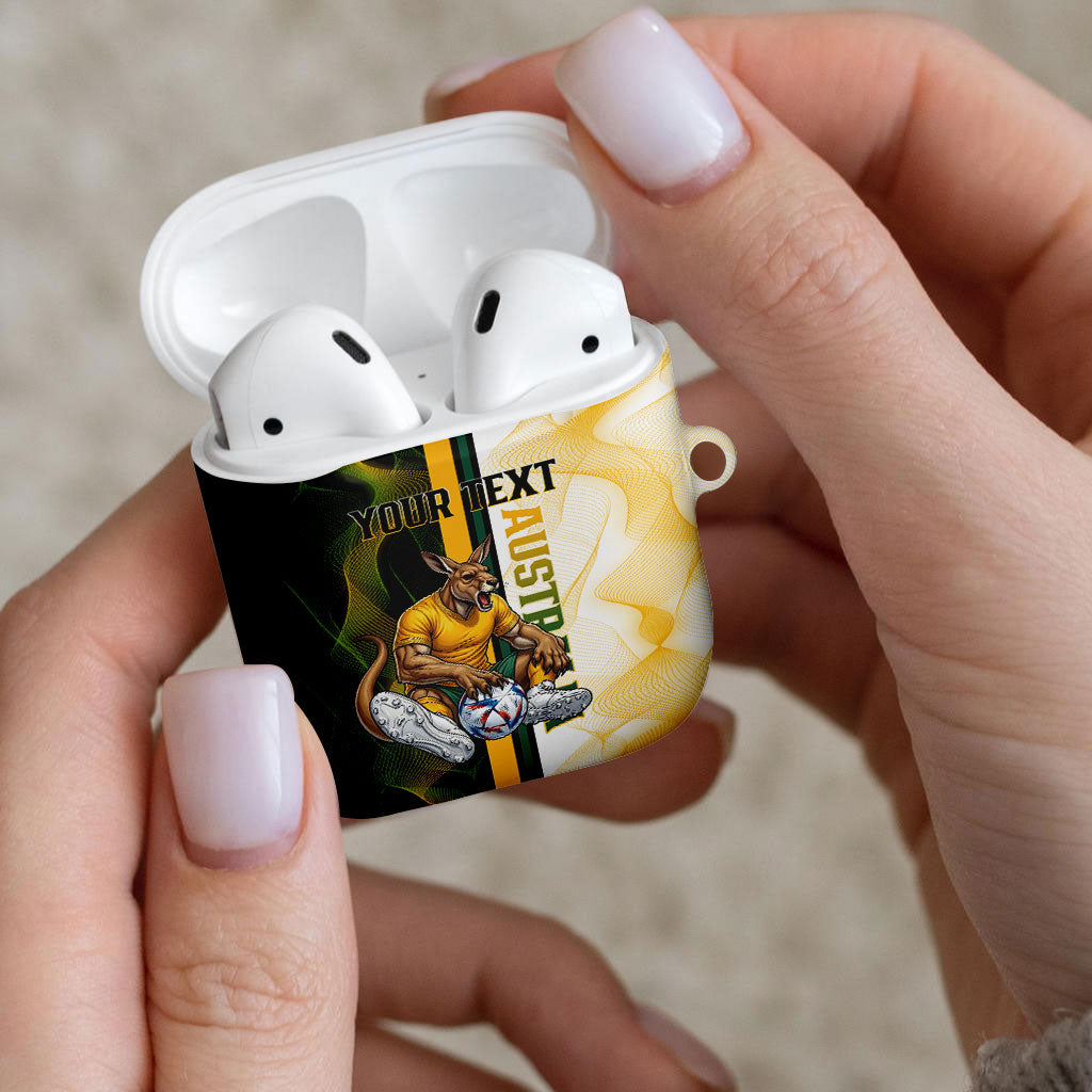 Personalized Australia Soccer Kangaroo AirPods Case World Football Mascot Green Gold Abstract Wave