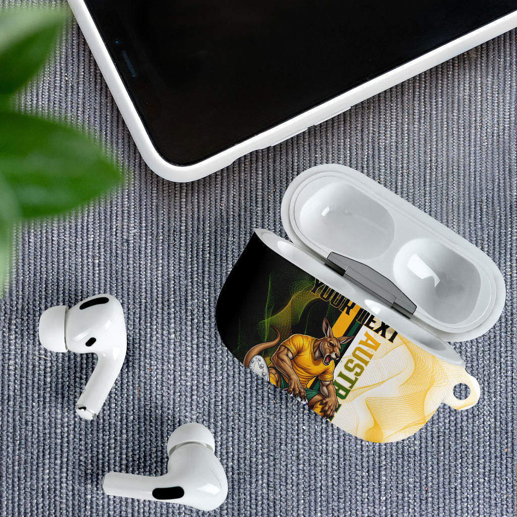 Personalized Australia Soccer Kangaroo AirPods Case World Football Mascot Green Gold Abstract Wave