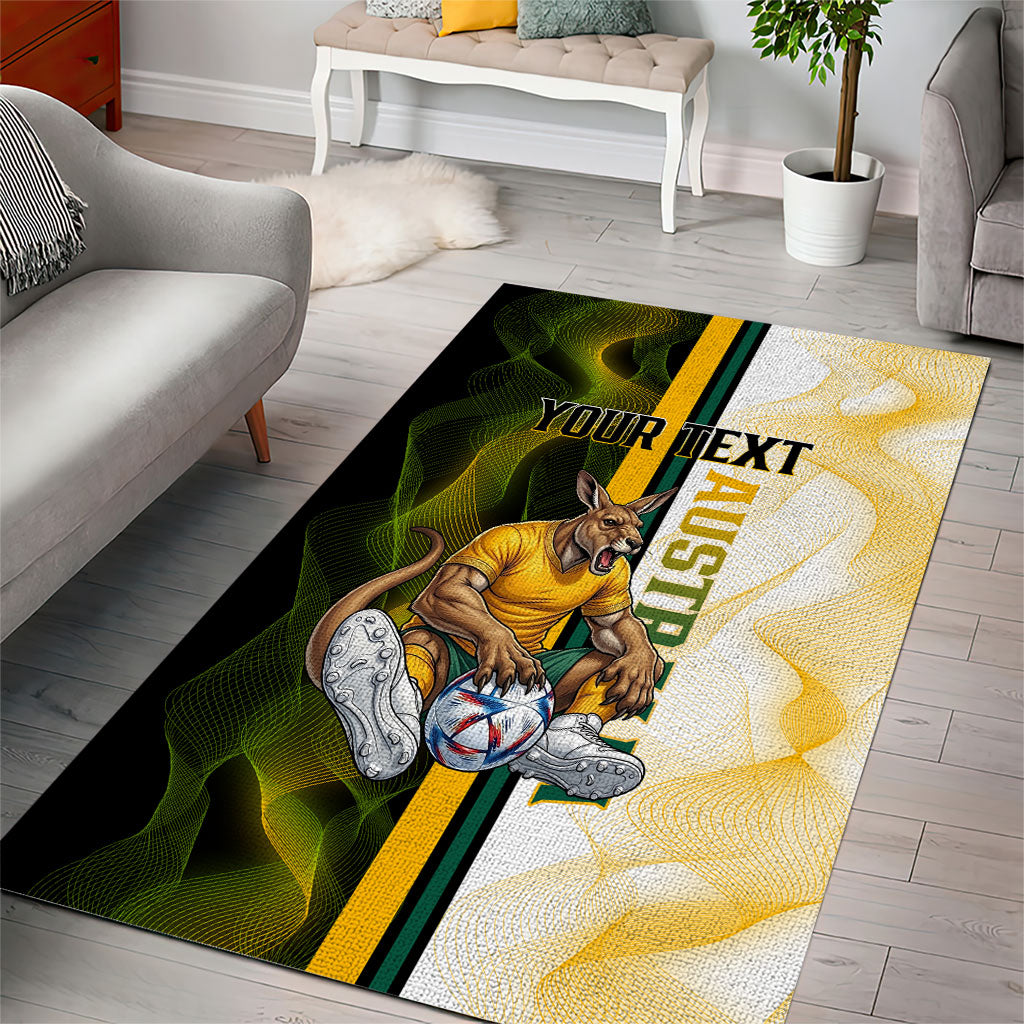 Personalized Australia Soccer Kangaroo Area Rug World Football Mascot Green Gold Abstract Wave