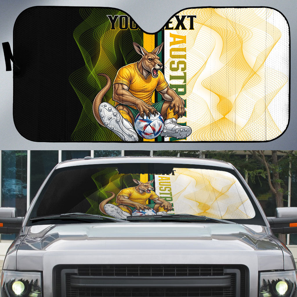 Personalized Australia Soccer Kangaroo Auto Sun Shade World Football Mascot Green Gold Abstract Wave