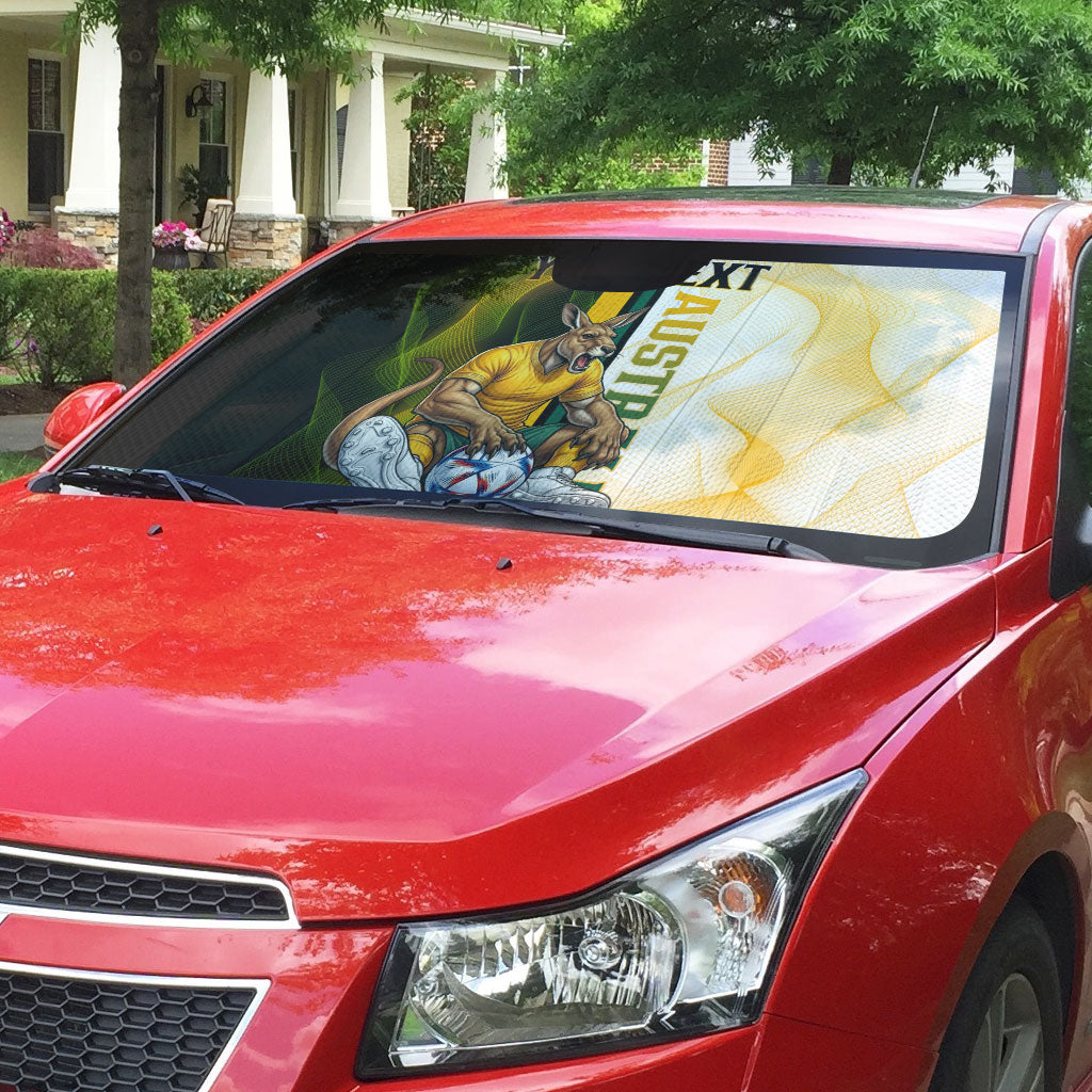 Personalized Australia Soccer Kangaroo Auto Sun Shade World Football Mascot Green Gold Abstract Wave