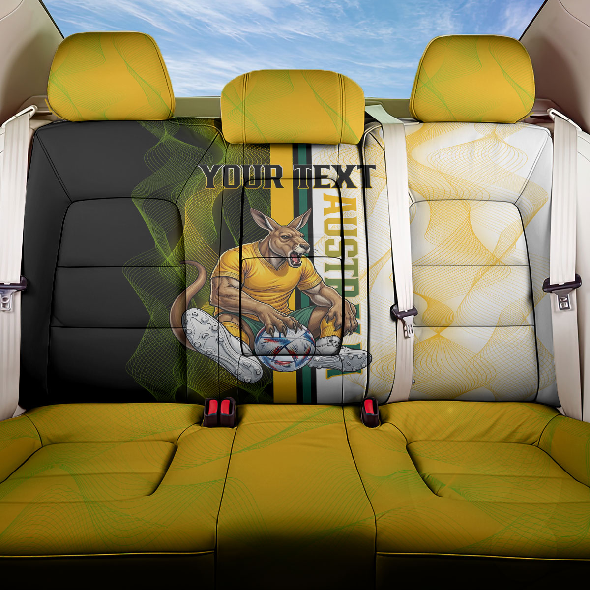 Personalized Australia Soccer Kangaroo Back Car Seat Cover World Football Mascot Green Gold Abstract Wave