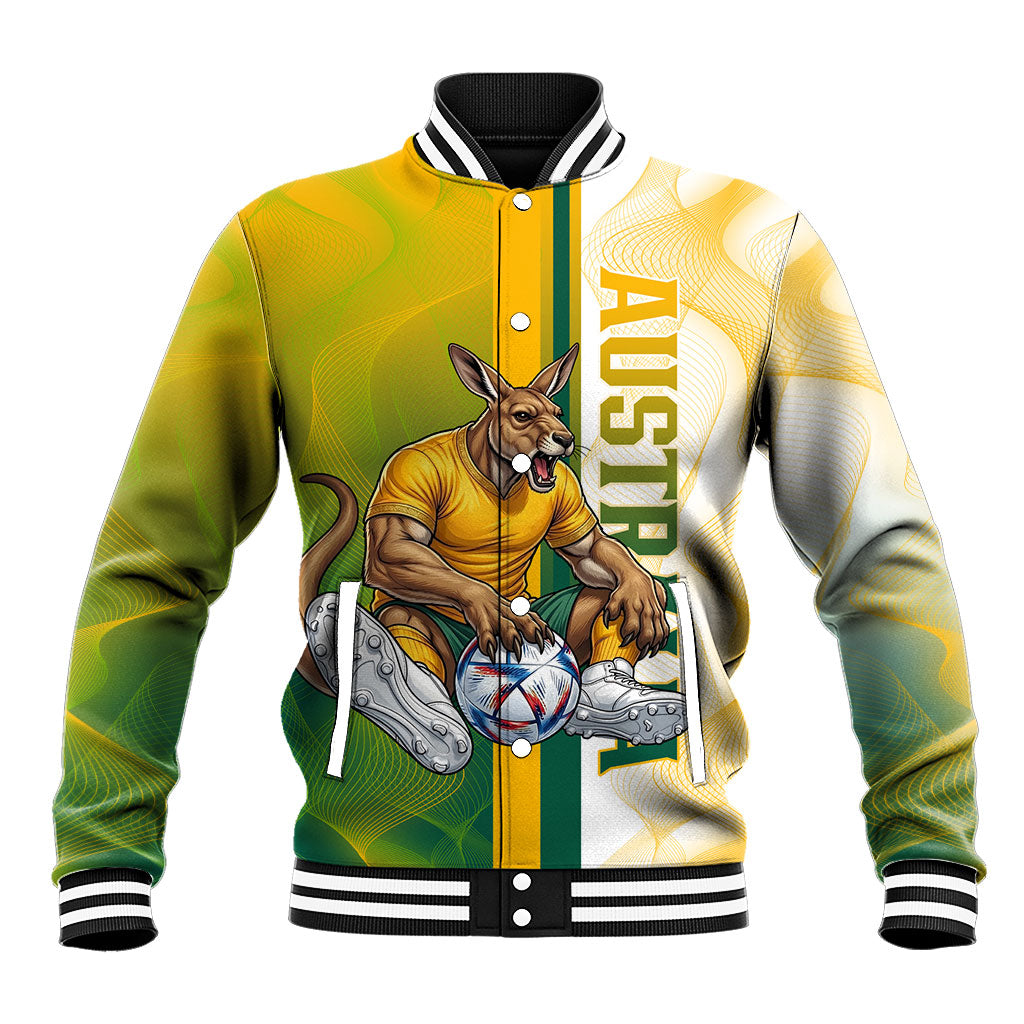 Personalized Australia Soccer Kangaroo Baseball Jacket World Football Mascot Green Gold Abstract Wave