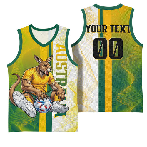 Personalized Australia Soccer Kangaroo Basketball Jersey World Football Mascot Green Gold Abstract Wave