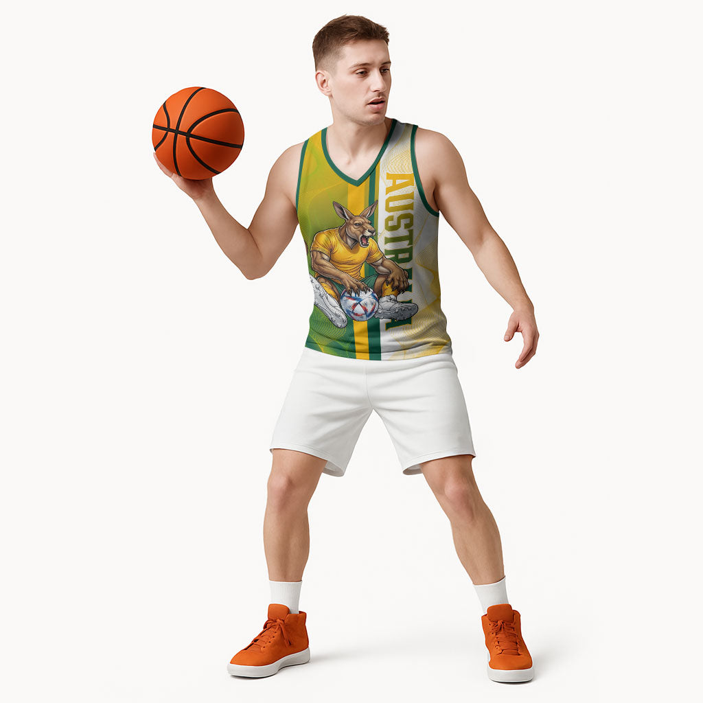 Personalized Australia Soccer Kangaroo Basketball Jersey World Football Mascot Green Gold Abstract Wave