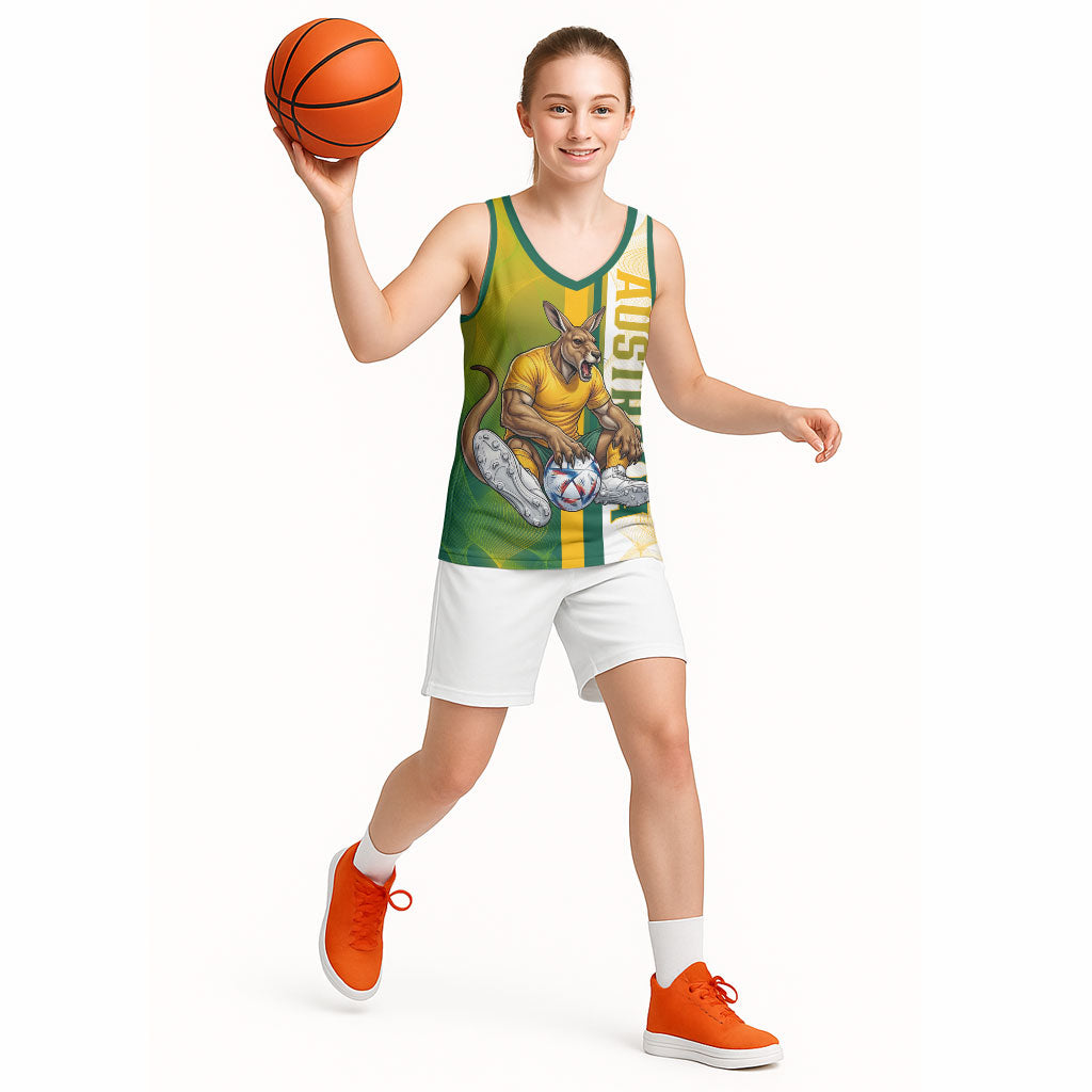 Personalized Australia Soccer Kangaroo Basketball Jersey World Football Mascot Green Gold Abstract Wave