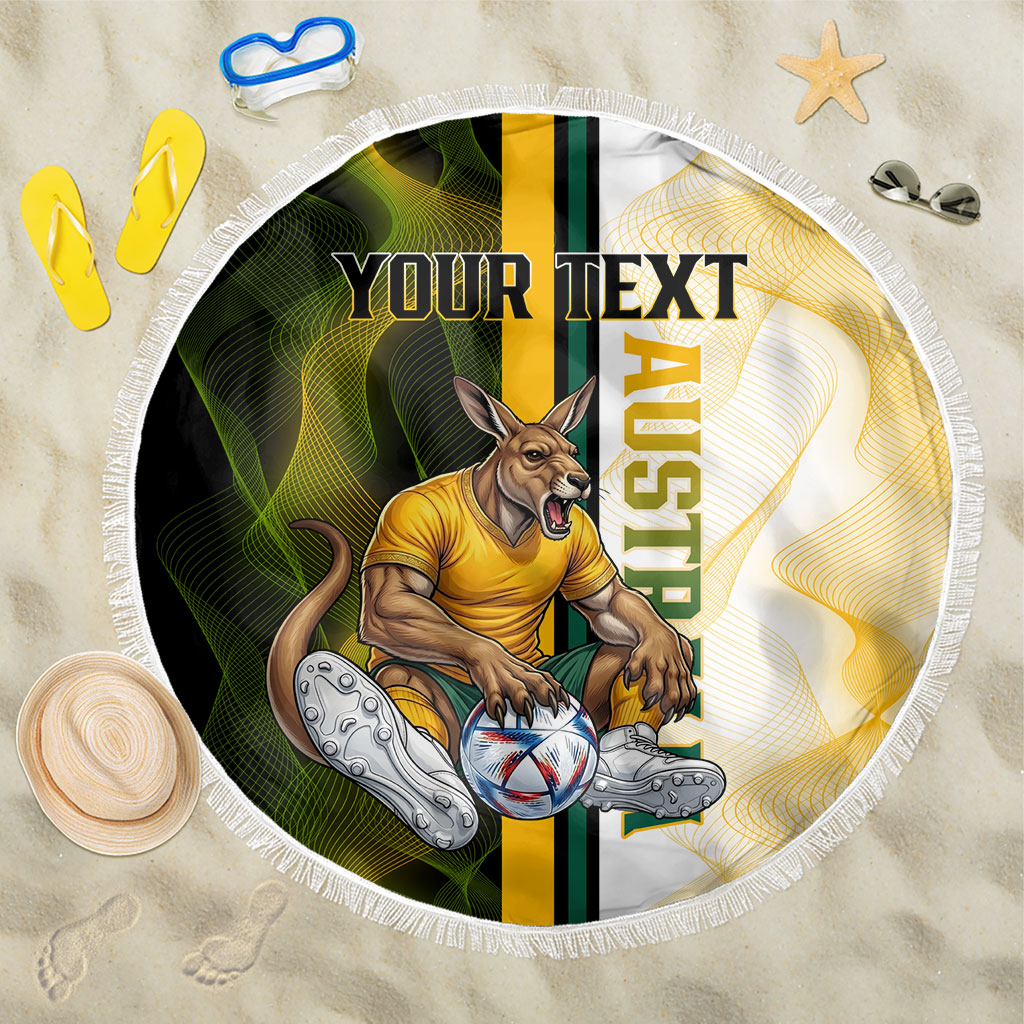 Personalized Australia Soccer Kangaroo Beach Blanket World Football Mascot Green Gold Abstract Wave