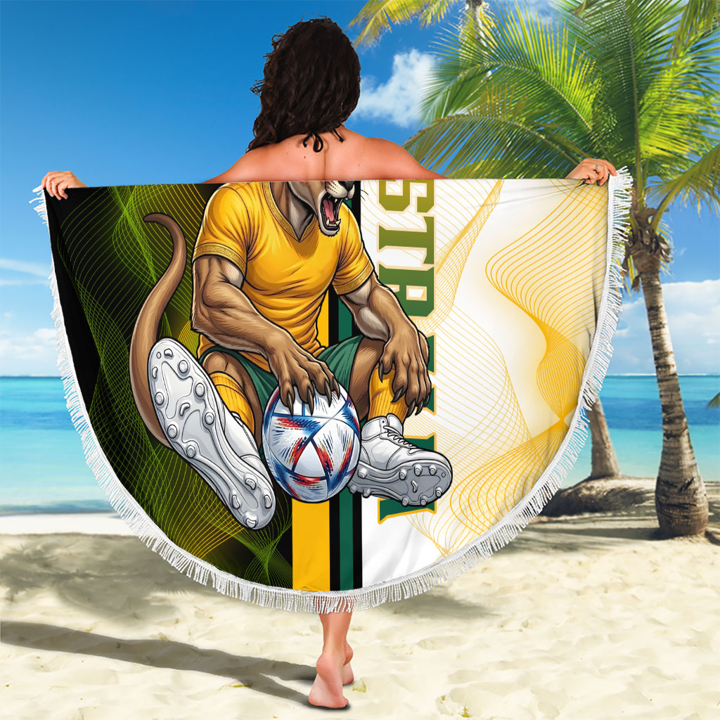 Personalized Australia Soccer Kangaroo Beach Blanket World Football Mascot Green Gold Abstract Wave
