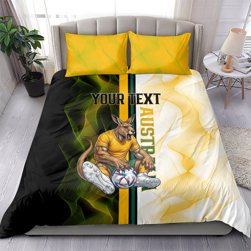 Personalized Australia Soccer Kangaroo Bedding Set World Football Mascot Green Gold Abstract Wave