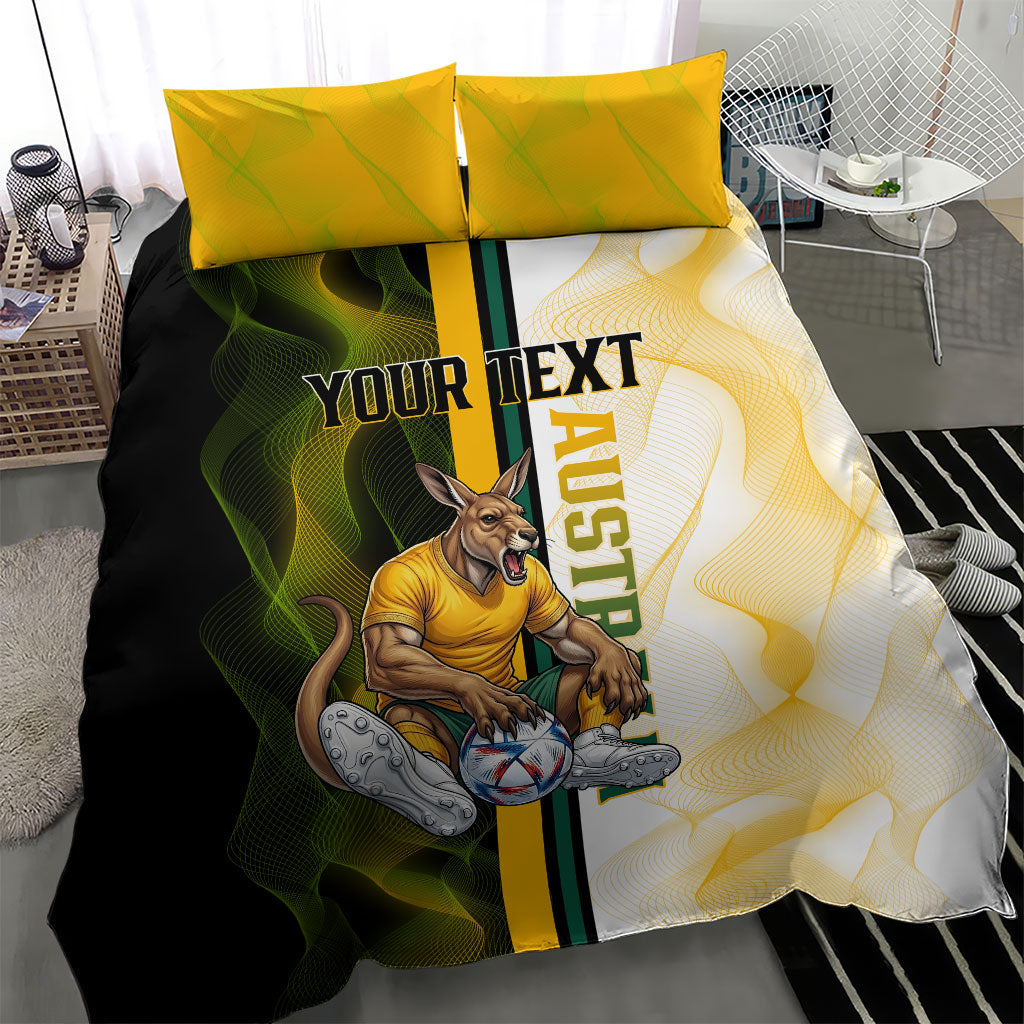 Personalized Australia Soccer Kangaroo Bedding Set World Football Mascot Green Gold Abstract Wave