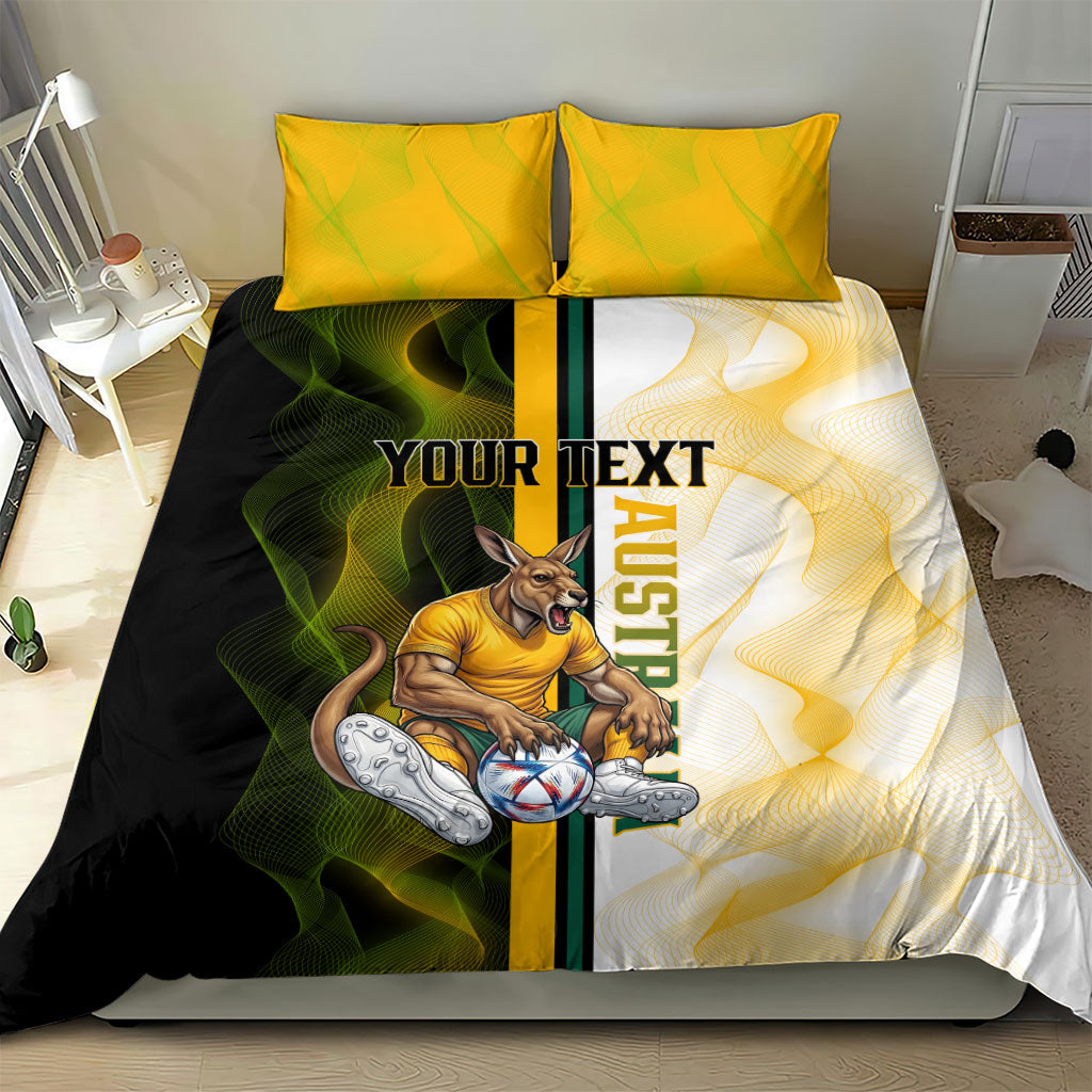 Personalized Australia Soccer Kangaroo Bedding Set World Football Mascot Green Gold Abstract Wave