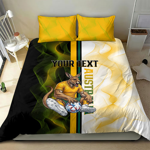 Personalized Australia Soccer Kangaroo Bedding Set World Football Mascot Green Gold Abstract Wave