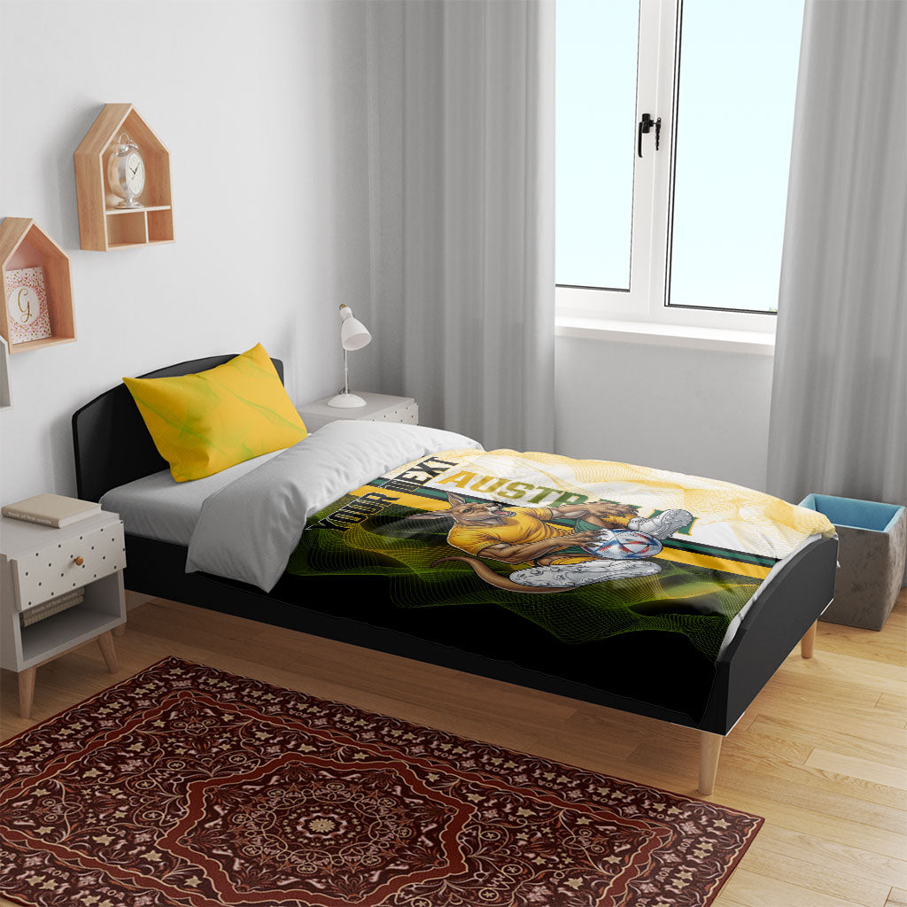 Personalized Australia Soccer Kangaroo Bedding Set World Football Mascot Green Gold Abstract Wave