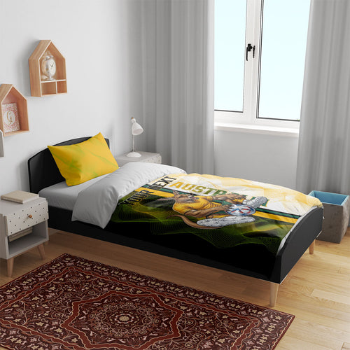 Personalized Australia Soccer Kangaroo Bedding Set World Football Mascot Green Gold Abstract Wave