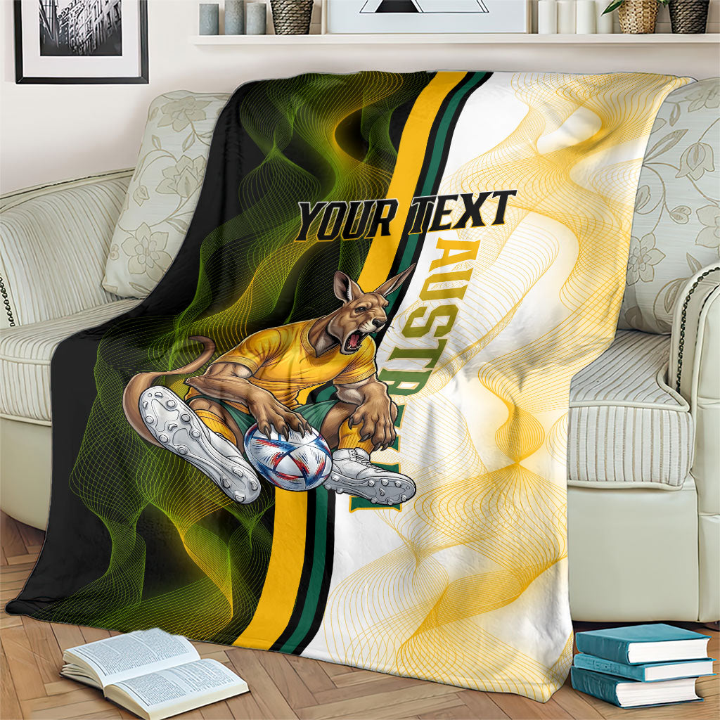 Personalized Australia Soccer Kangaroo Blanket World Football Mascot Green Gold Abstract Wave