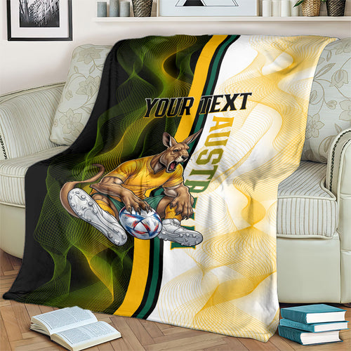 Personalized Australia Soccer Kangaroo Blanket World Football Mascot Green Gold Abstract Wave