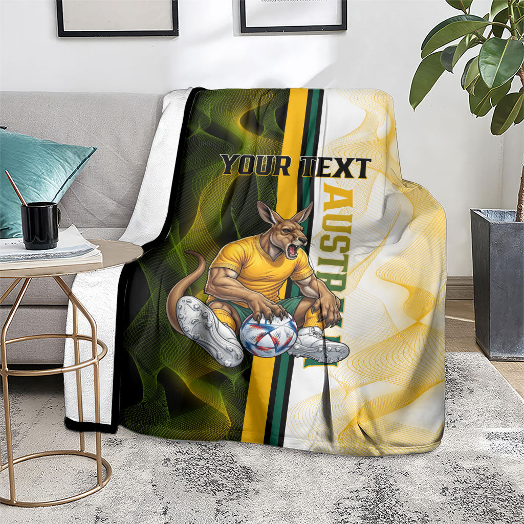 Personalized Australia Soccer Kangaroo Blanket World Football Mascot Green Gold Abstract Wave