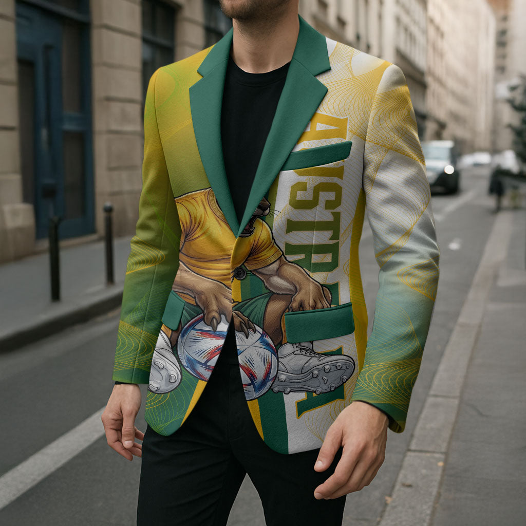 Personalized Australia Soccer Kangaroo Blazer World Football Mascot Green Gold Abstract Wave