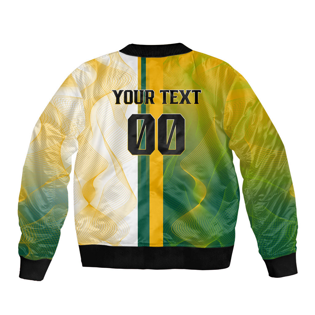 Personalized Australia Soccer Kangaroo Bomber Jacket World Football Mascot Green Gold Abstract Wave