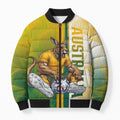 Personalized Australia Soccer Kangaroo Bomber Puffer Jacket World Football Mascot Green Gold Abstract Wave
