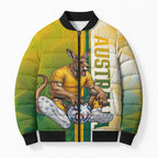 Personalized Australia Soccer Kangaroo Bomber Puffer Jacket World Football Mascot Green Gold Abstract Wave