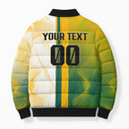 Personalized Australia Soccer Kangaroo Bomber Puffer Jacket World Football Mascot Green Gold Abstract Wave