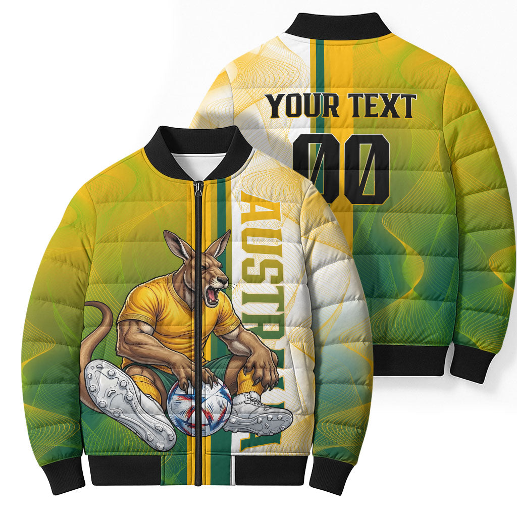 Personalized Australia Soccer Kangaroo Bomber Puffer Jacket World Football Mascot Green Gold Abstract Wave