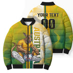 Personalized Australia Soccer Kangaroo Bomber Puffer Jacket World Football Mascot Green Gold Abstract Wave