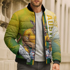 Personalized Australia Soccer Kangaroo Bomber Puffer Jacket World Football Mascot Green Gold Abstract Wave