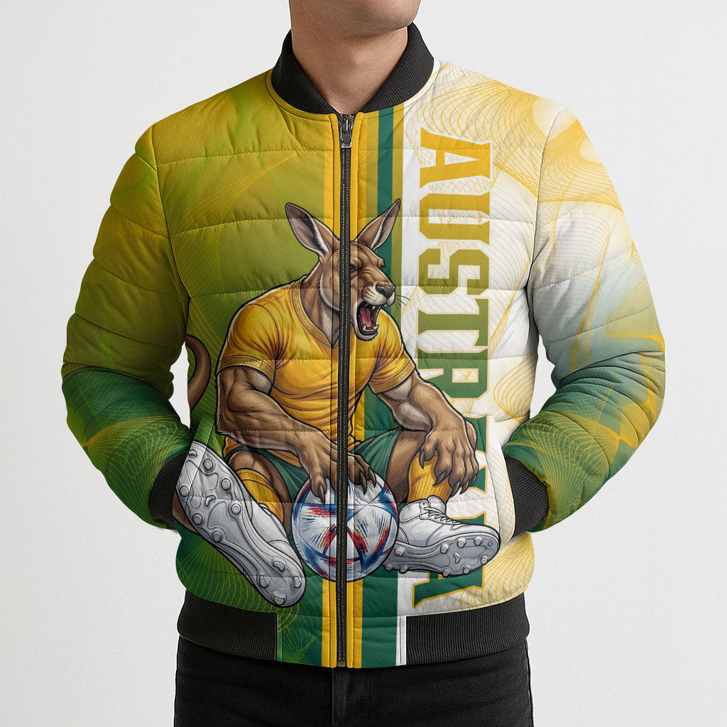 Personalized Australia Soccer Kangaroo Bomber Puffer Jacket World Football Mascot Green Gold Abstract Wave