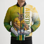 Personalized Australia Soccer Kangaroo Bomber Puffer Jacket World Football Mascot Green Gold Abstract Wave
