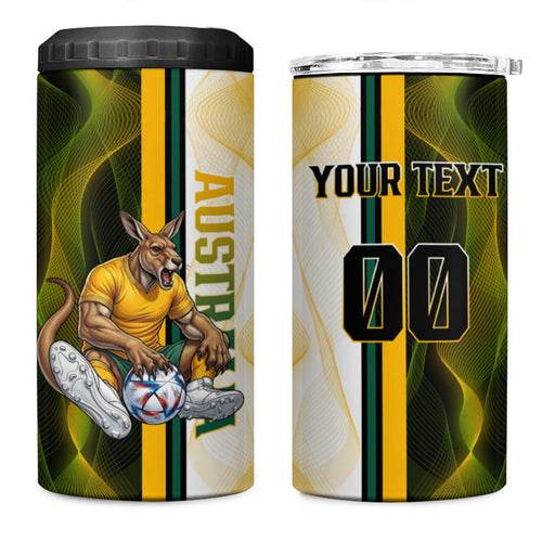 Personalized Australia Soccer Kangaroo 4 in 1 Can Cooler Tumbler World Football Mascot Green Gold Abstract Wave